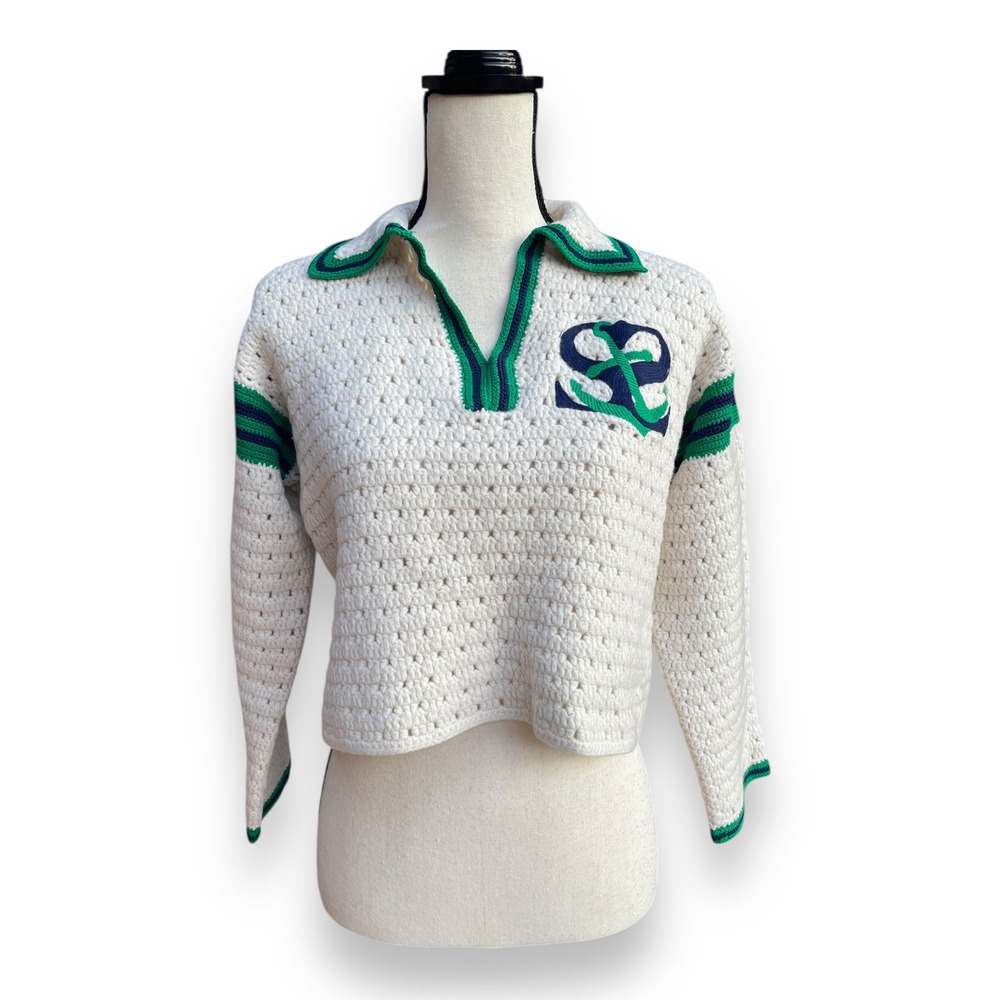 Sandro Hand Knitted Wool Crochet Cropped Polo Sweater Cream Green Navy Logo M